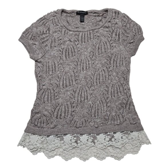 INC Sweater Womens XL Gray Floral Crochet Lace Short Sleeve Pullover Knit Top - Picture 1 of 13